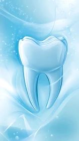 Transparent tooth icon rendered on blue liquid background