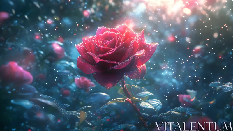 Digital render of crimson rose with particle effects and bokeh.