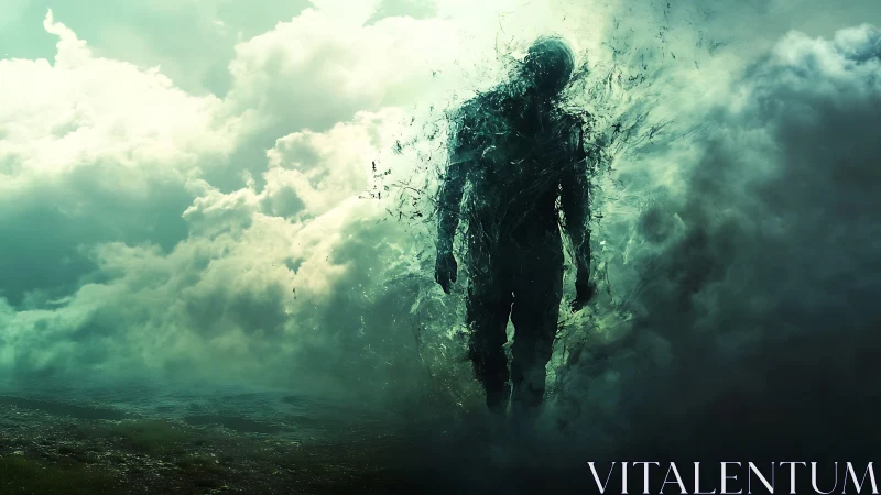 Dark human silhouette dissolving into swirling green fog.