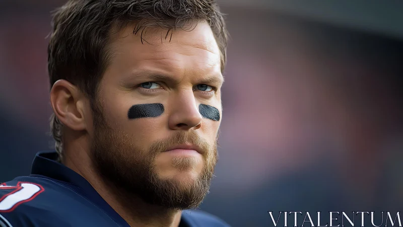 Focused football player with eye black in game day glow.