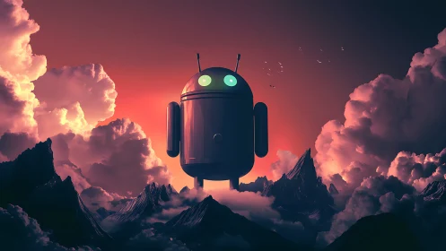 Giant android robot floating over dark mountain clouds.