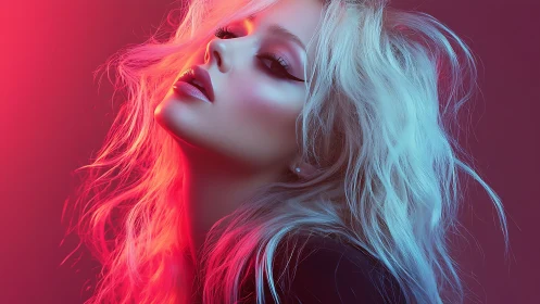 Neon-lit portrait merges glam beauty with electric color glow.
