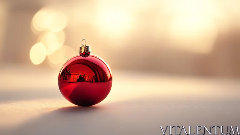 Red glass bauble rests on snow under warm sunset bokeh