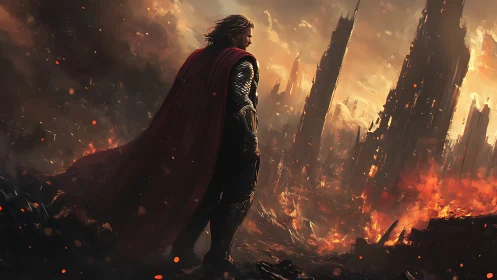 Armored warrior surveys burning post-apocalyptic cityscape in dusk light