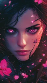 Petal-charged warrior gazes back with neon storm eyes