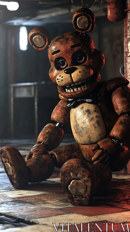 Rusty animatronic bear smiles crookedly in a haunted hall