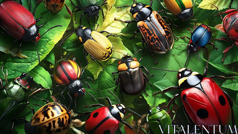 Colorful beetle gathering turns green leaves into a jewel garden