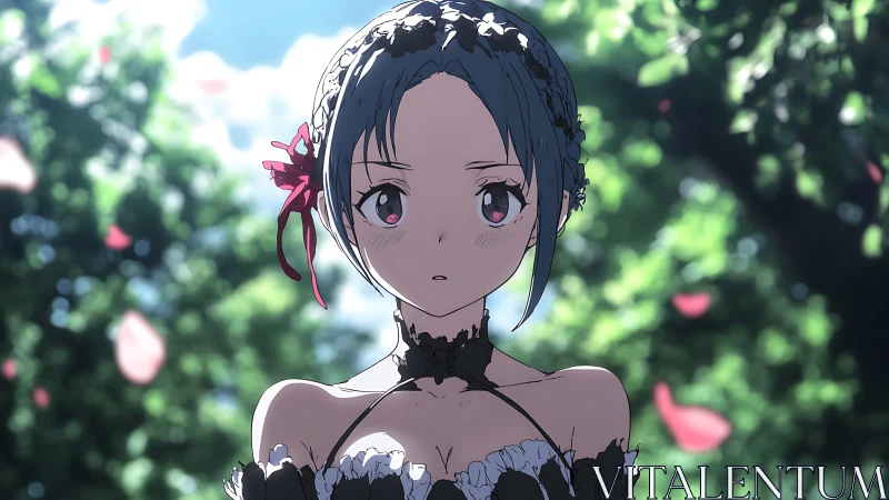 Anime girl in lace dress under dappled forest sunlight