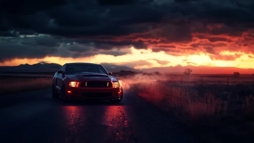 Crimson muscle car smolders beneath a storm kissed sunset sky.