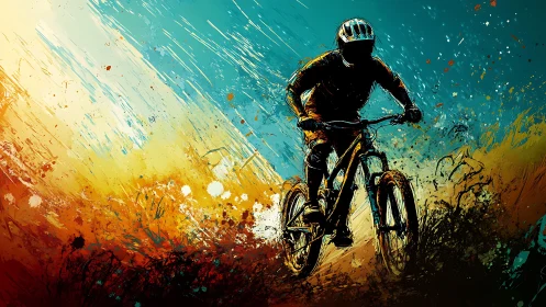 Mountain Biker in Dynamic Motion With Vibrant Color Splashes.