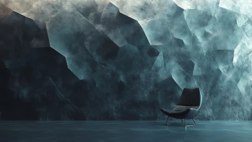 Cozy modern chair against a dreamy teal geometric wall.