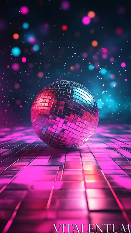 Mirror-tiled disco sphere reflects neon bokeh in shallow depth