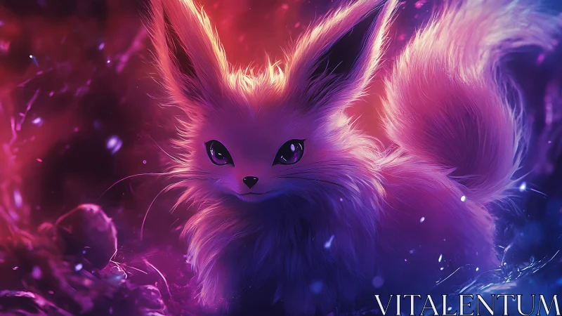 Neon fox spirit in glowing pink and blue fantasy forest.