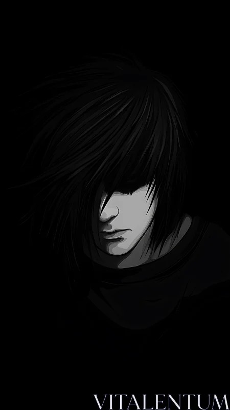 Monochrome digital portrait of long haired figure in shadow.