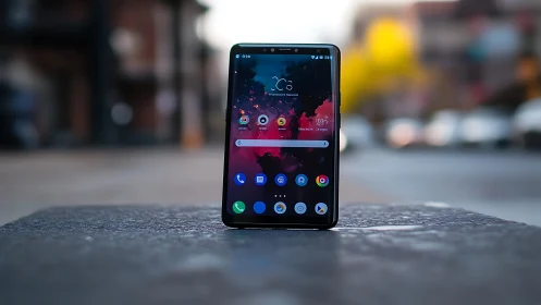 Modern Phone Display in Urban Setting.