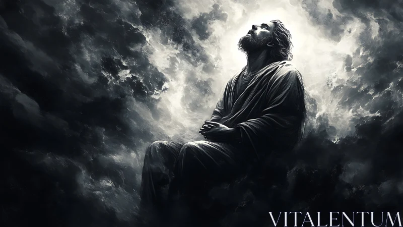 Solitary robed figure seated in clouds under bright light.