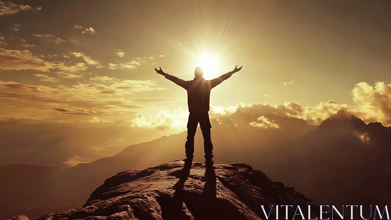 Silhouette climber embraces sunrise over glowing summit ridge.
