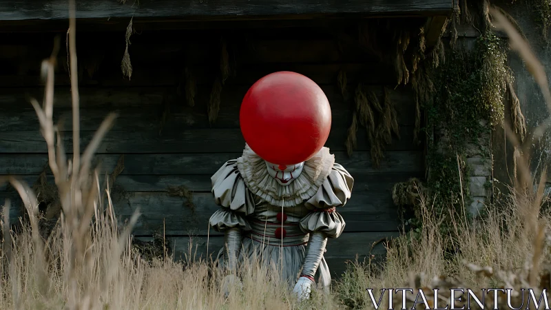 Crimson balloon and lonely clown in a forgotten garden.