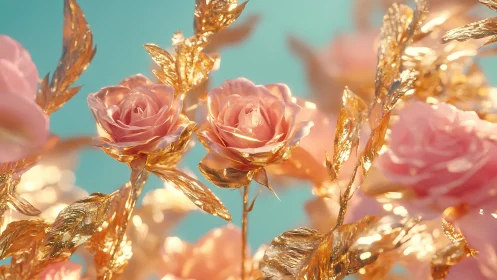 Golden Roses Against Turquoise Sky.
