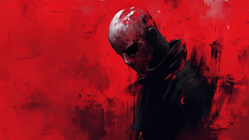 Masked figure in crimson abstraction with violent brushwork.