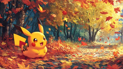Pikachu wandering through luminous autumn forest trail.