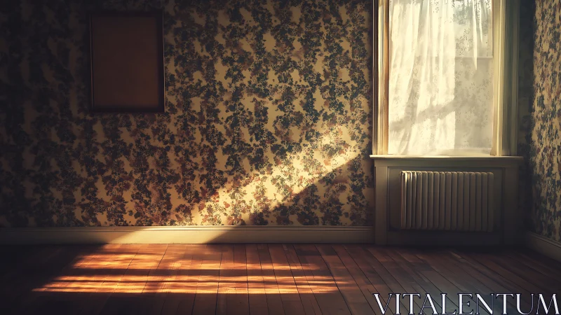 Gentle morning light in a quiet, floral wallpapered room.
