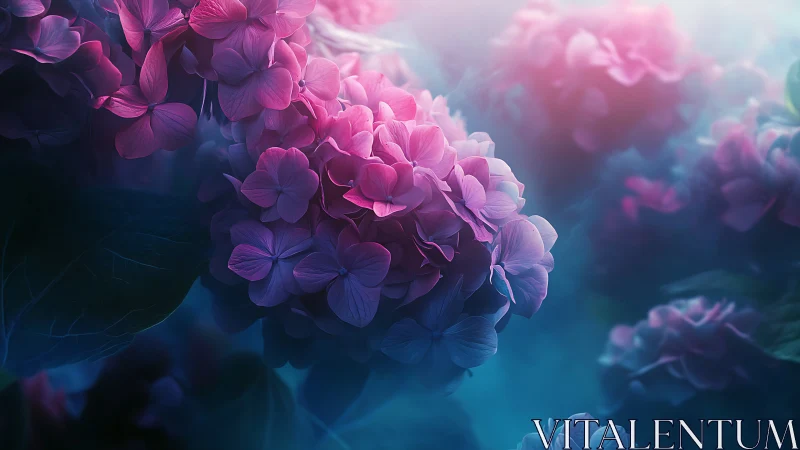 Luminous Hydrangeas Floating in Dreamy Atmospheric Mist