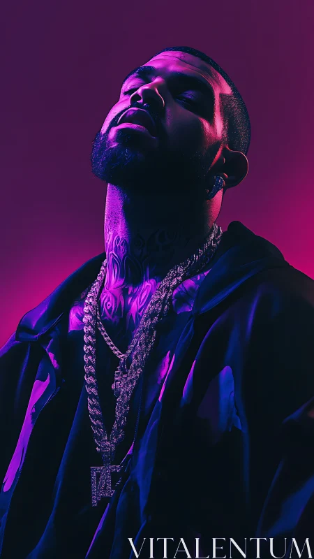 Neon lit portrait of tattooed man in chains at night.