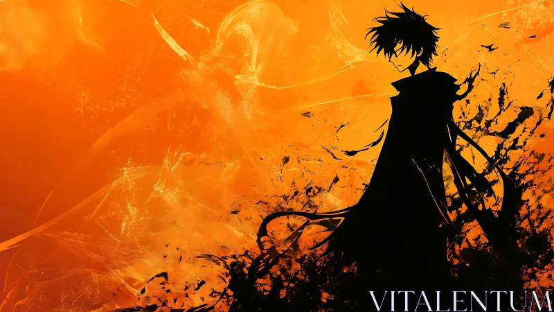 Dark anime silhouette against fiery orange abstract background.