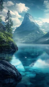 Towering alpine peak mirrored in crystalline lake stillness.