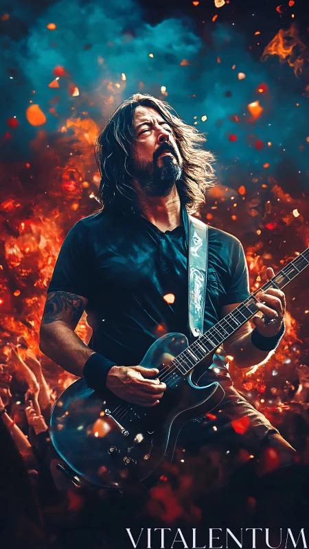 Guitar inferno hero shredding through a storm of sparks.