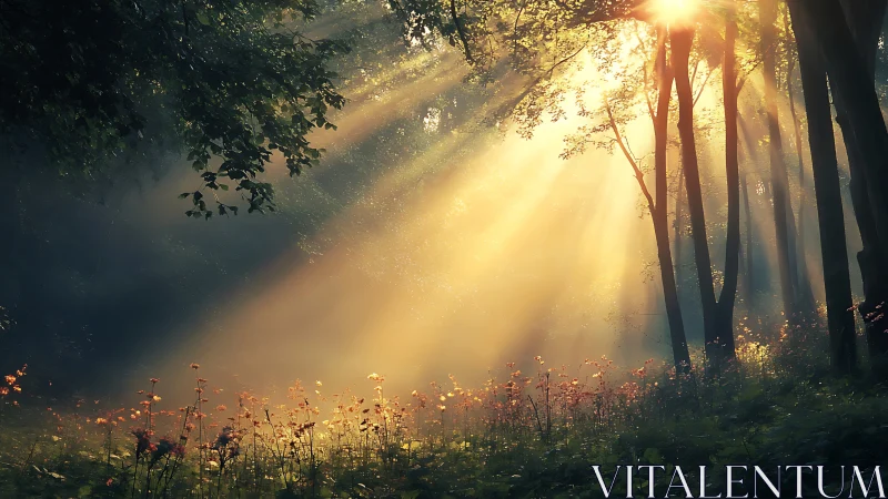 Sunbeams Filtering Through Lush Forest in Serene Morning Light.