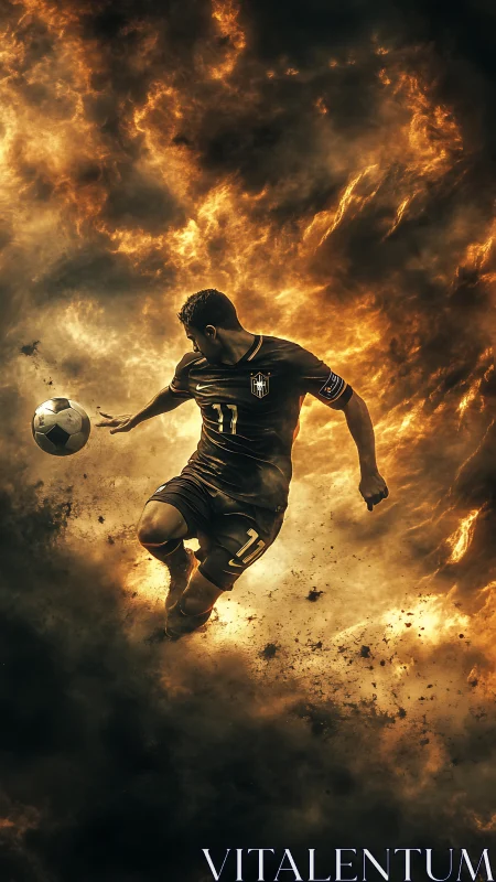 Dynamic football striker in inferno-inspired digital composition.