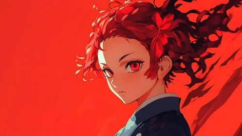 Fiery red-haired anime warrior against blazing backdrop.