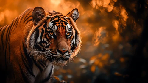 Majestic tiger portrait under dramatic sunset glow.
