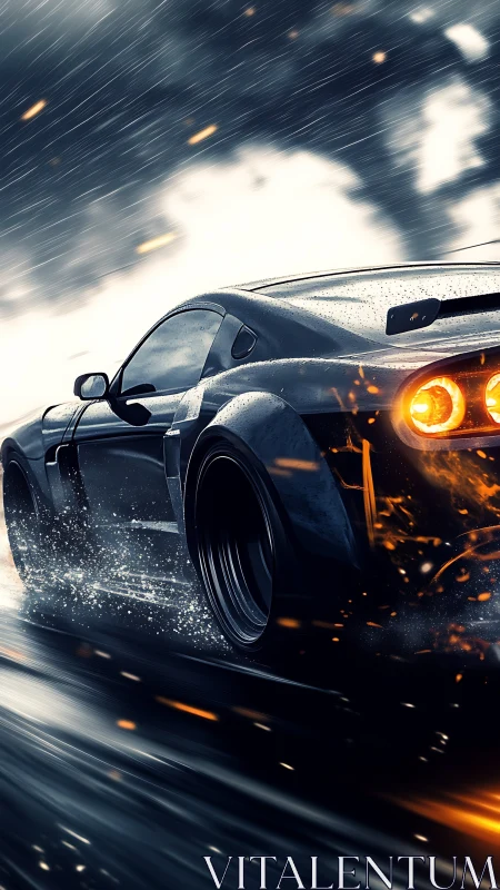 Rear-quarter racing coupe drifting on wet asphalt at speed