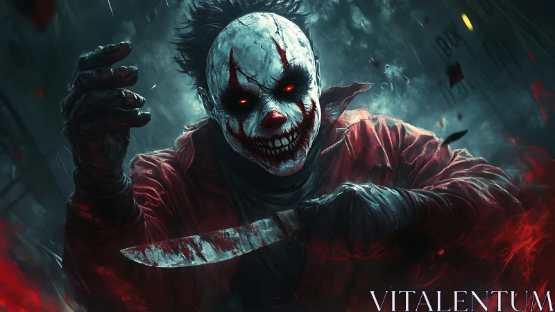 Masked figure with bloodstained knife in smoky environment.