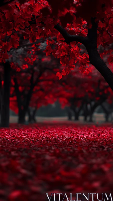 Enchanted red forest path glowing with deep autumn light.