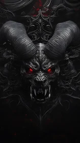Dark horned demon head glows with fierce crimson eyes