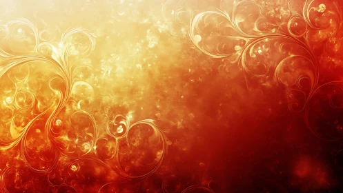 Golden fractal flourishes swirl through fiery gradient field.