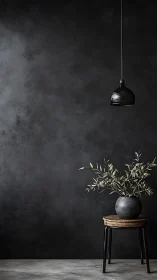 Dark interior still life with lamp, stool and plant.