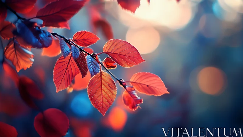 Red autumn leaves with blue highlights in soft focus bokeh.