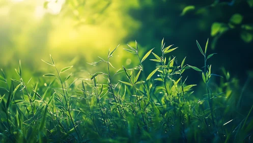 Sunlit green grass in tranquil nature scene, soft focus style.