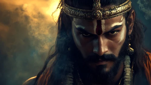 Warrior-priest portrait amid swirling sacred smoke.