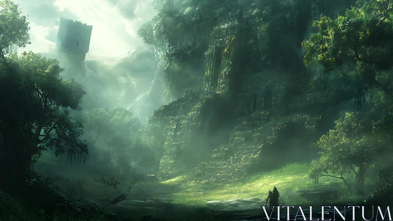 Ruin-covered cliff with lone cloaked figure in misty forest