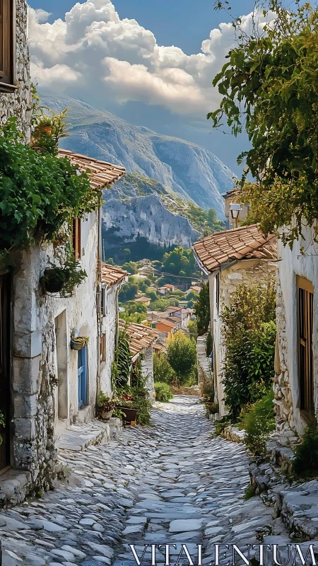 Stone alley descending to village with distant mountains.