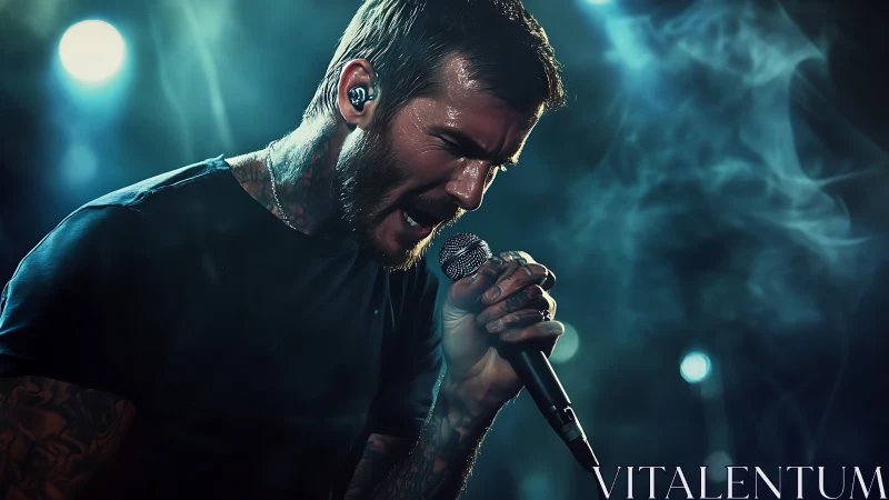 Dramatic low-key portrait captures tattooed rock vocalist live