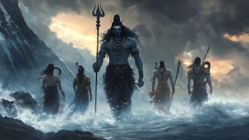 Storm-treading blue deity strides seaward with spectral guard