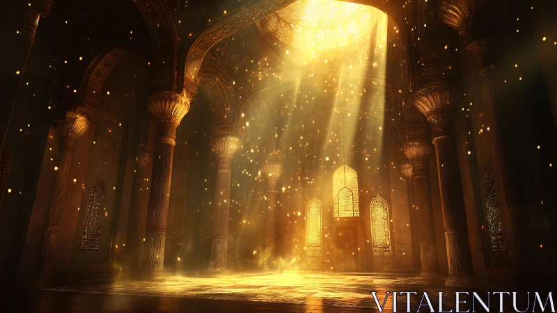 Golden light floods ornate temple hall interior.