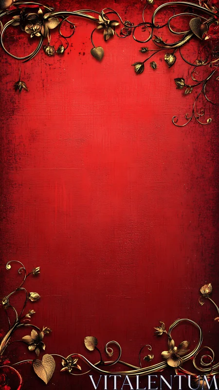 Ornamental Brass Botanical Filigree on Crimson Textured Ground.